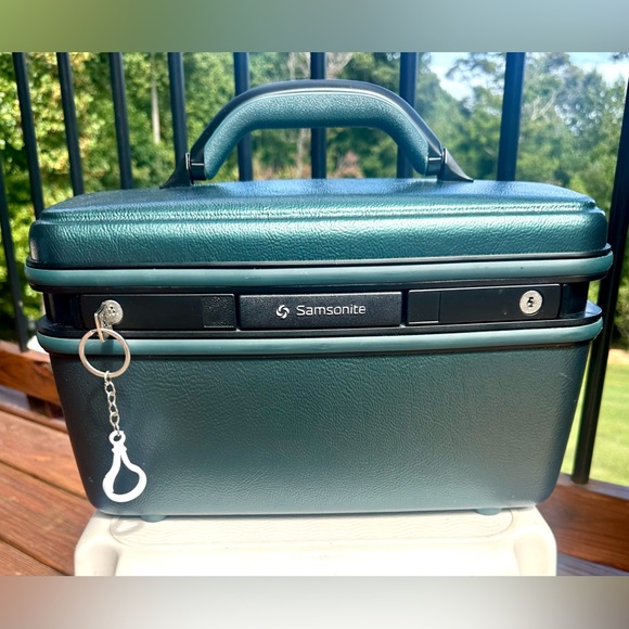 Vtg Samsonite Forest Green Hard Shell Train Travel Case/Cosmetic w/Mirror & Key - Picture 1 of 16